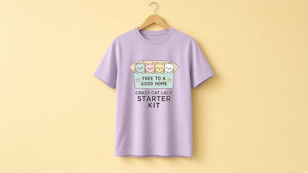 Crazy Cat Lady Starter Kit tee on a hanger: four line-art kittens peeking out of a mint box