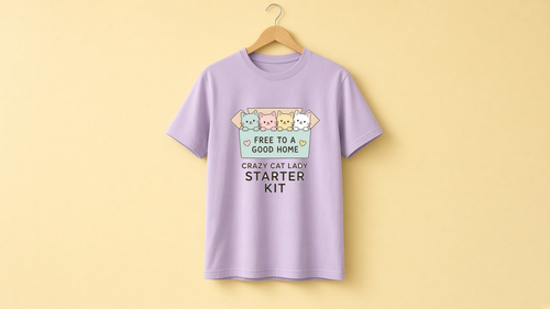Crazy Cat Lady Starter Kit tee on a hanger: four line-art kittens peeking out of a mint box