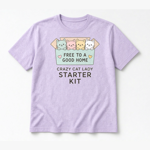 Crazy Cat Lady Starter Kit tee in Heather Prism Lilac, flat lay