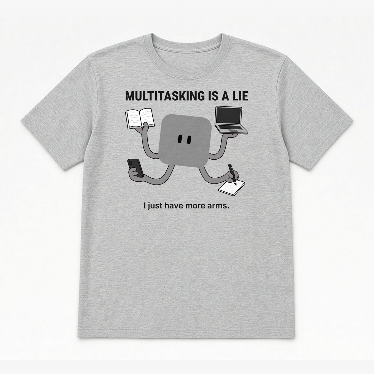 Multitasking Tee – Baby Blue design on an Athletic Heather tee, flat lay