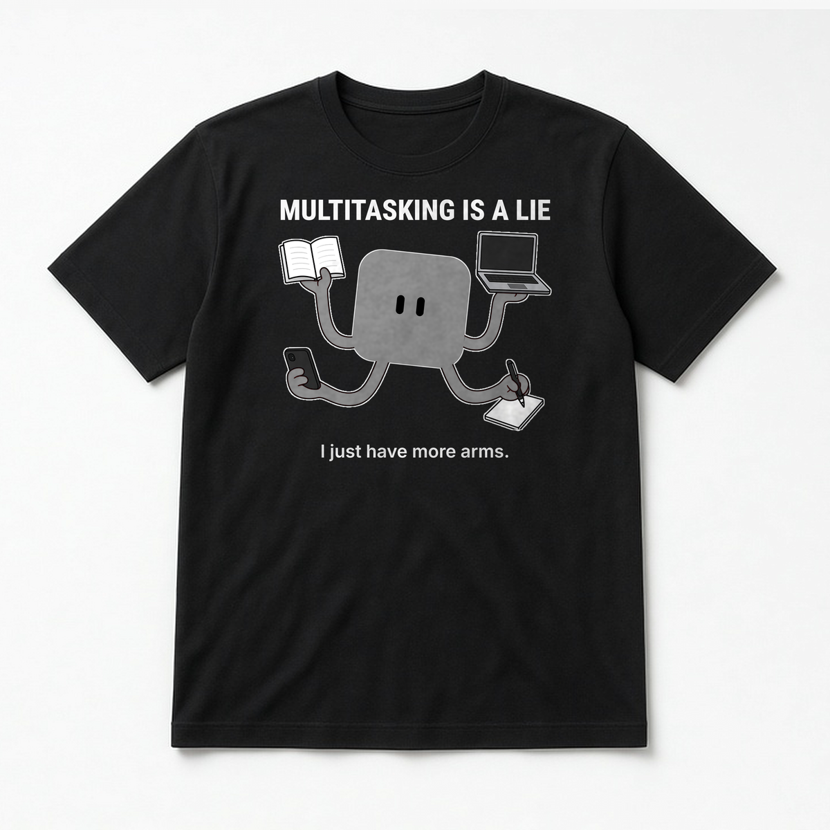 Multitasking Tee – Baby Blue design on a Black tee, flat lay