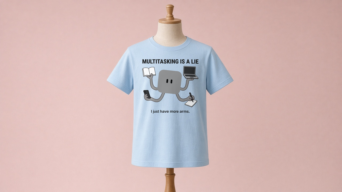 Multitasking Tee – Baby Blue: gray robot with four arms holding a book, laptop, phone and notepad