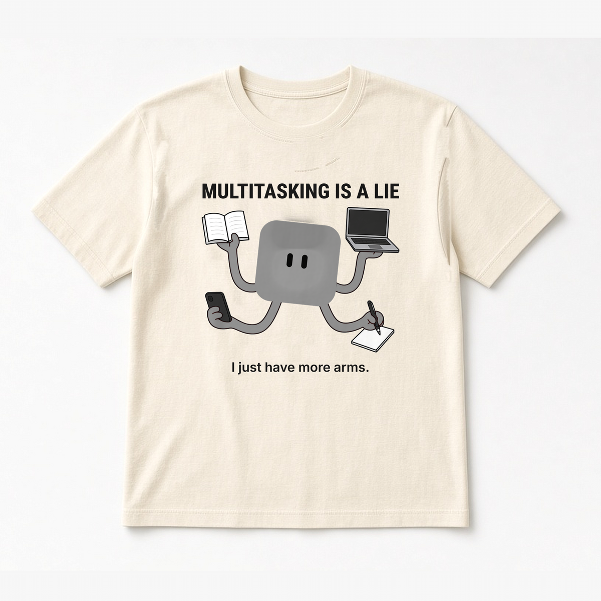 Multitasking Tee – Baby Blue design on a Natural tee, flat lay