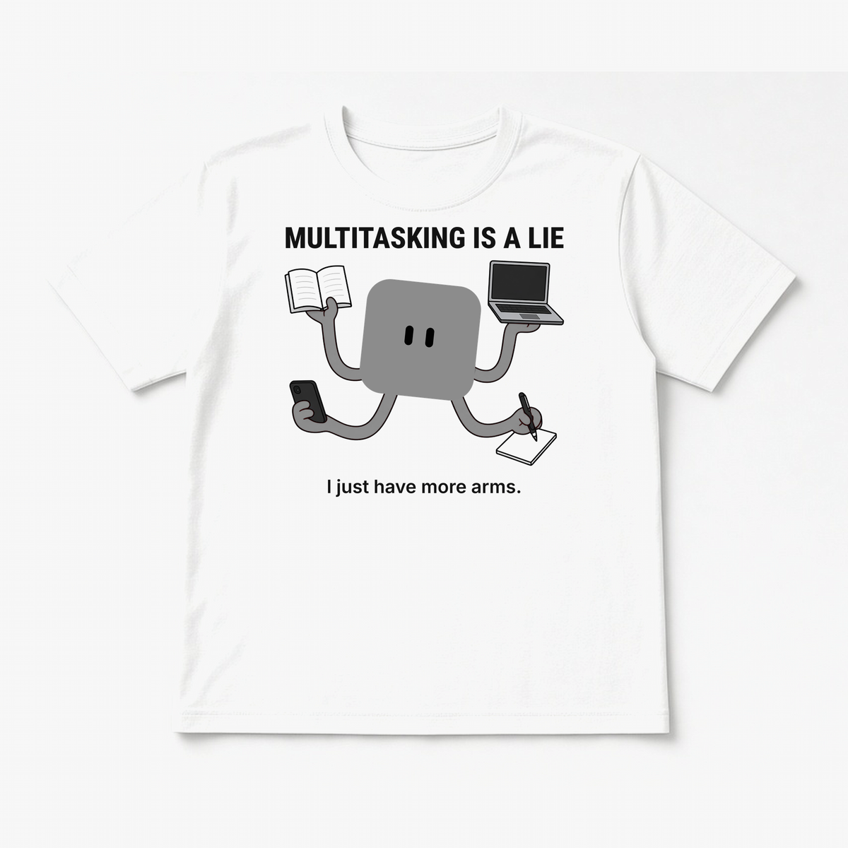 Multitasking Tee – Baby Blue design on a White tee, flat lay