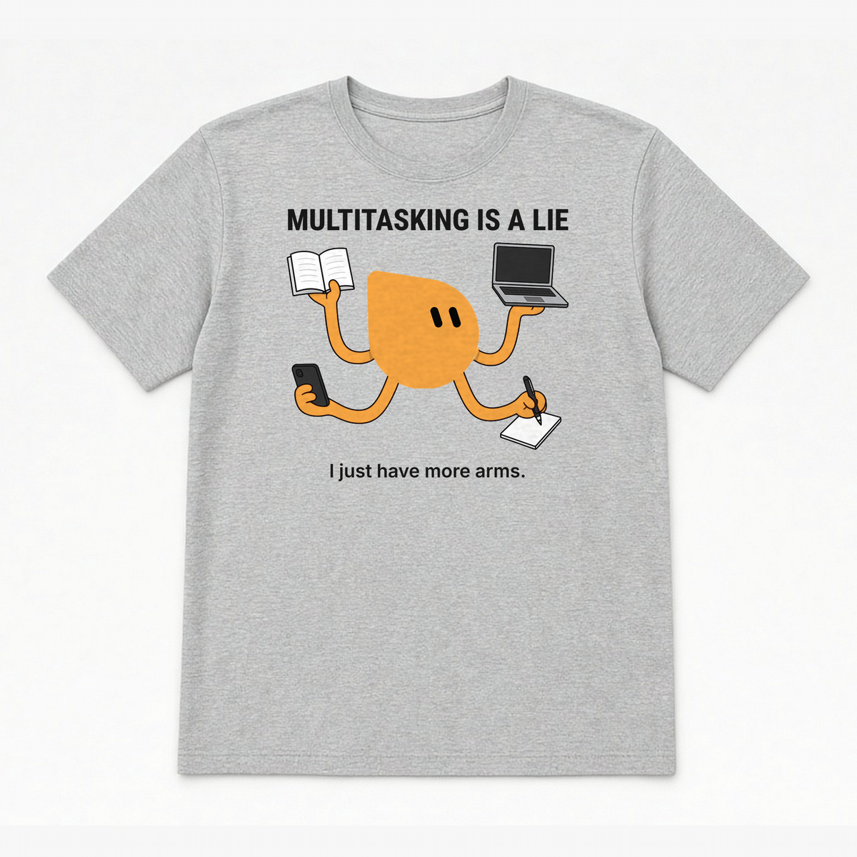 Multitasking Tee – Black design on an Athletic Heather tee, flat lay