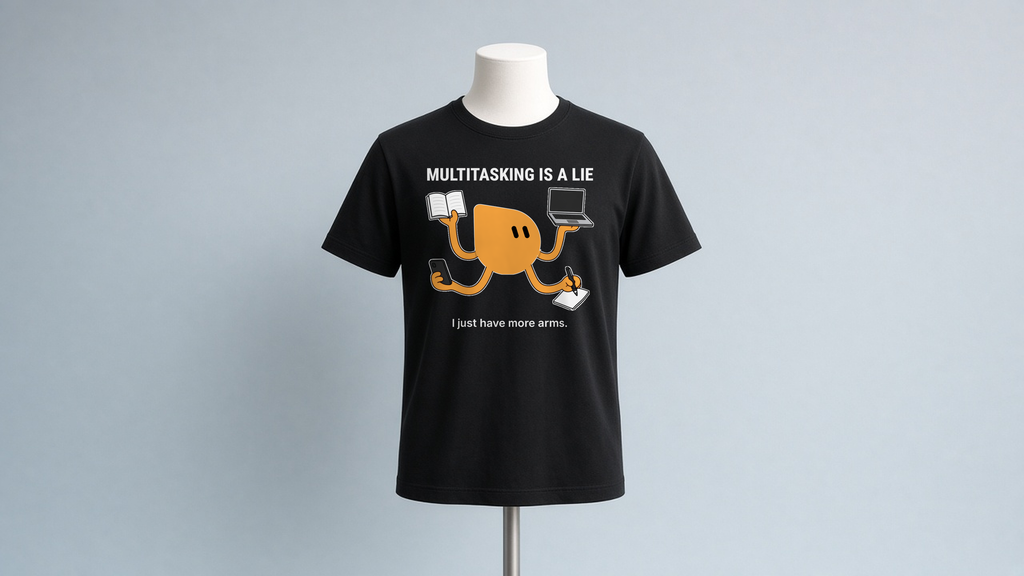 Multitasking Tee – Black on a mannequin: orange robot with four arms holding a book, laptop, phone and notepad