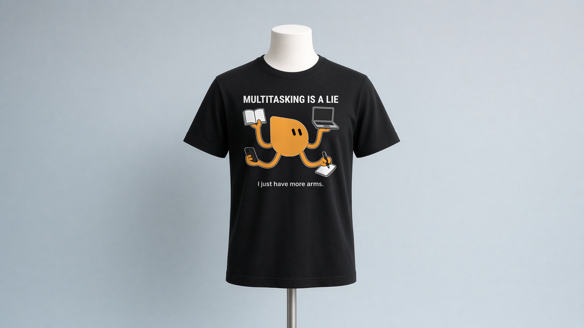 Multitasking Tee – Black on a mannequin: orange robot with four arms holding a book, laptop, phone and notepad