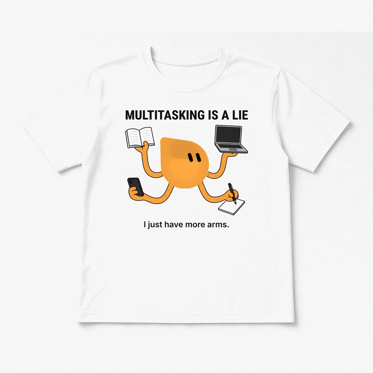 Multitasking Tee – Black design on a White tee, flat lay