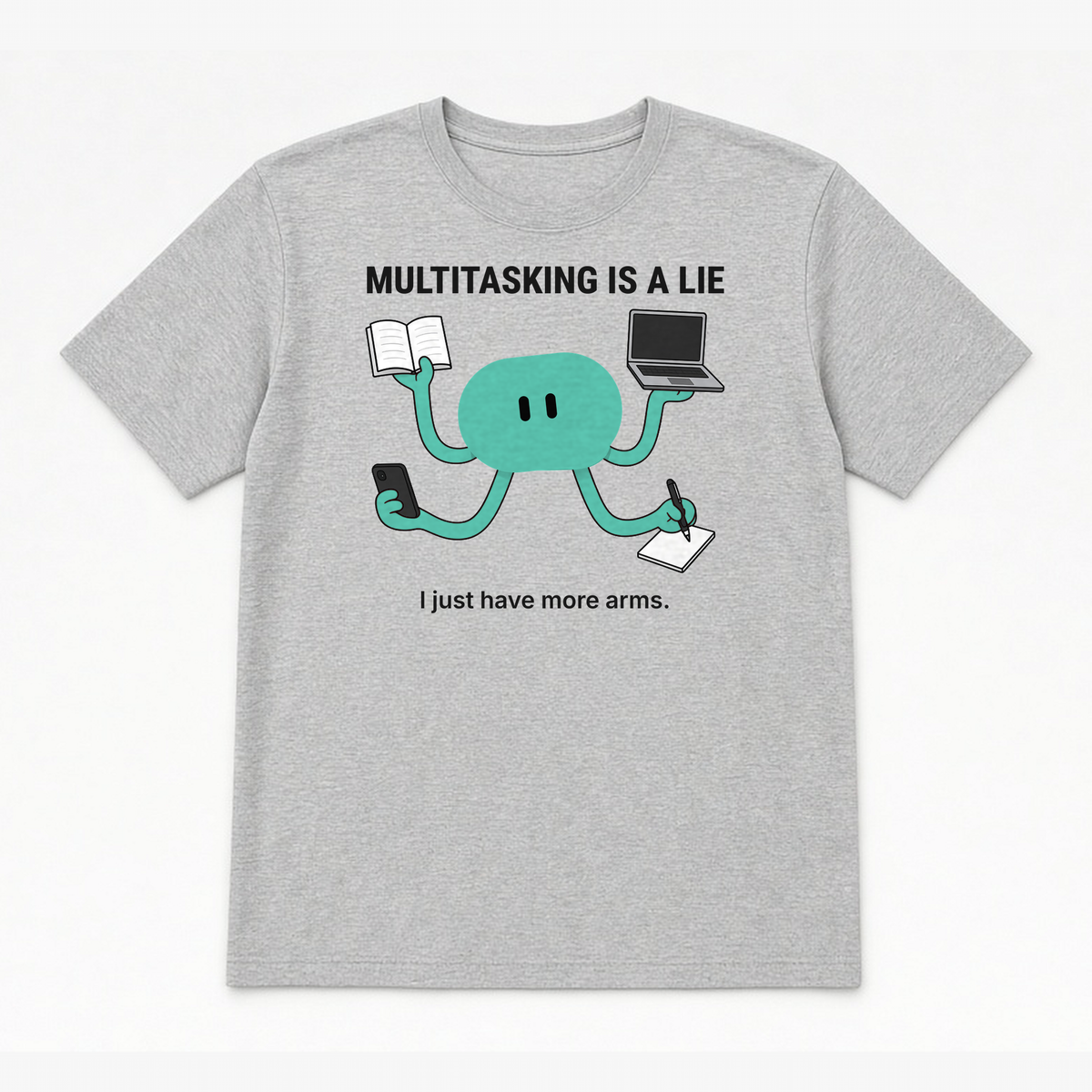 Multitasking Tee – Natural design on an Athletic Heather tee, flat lay