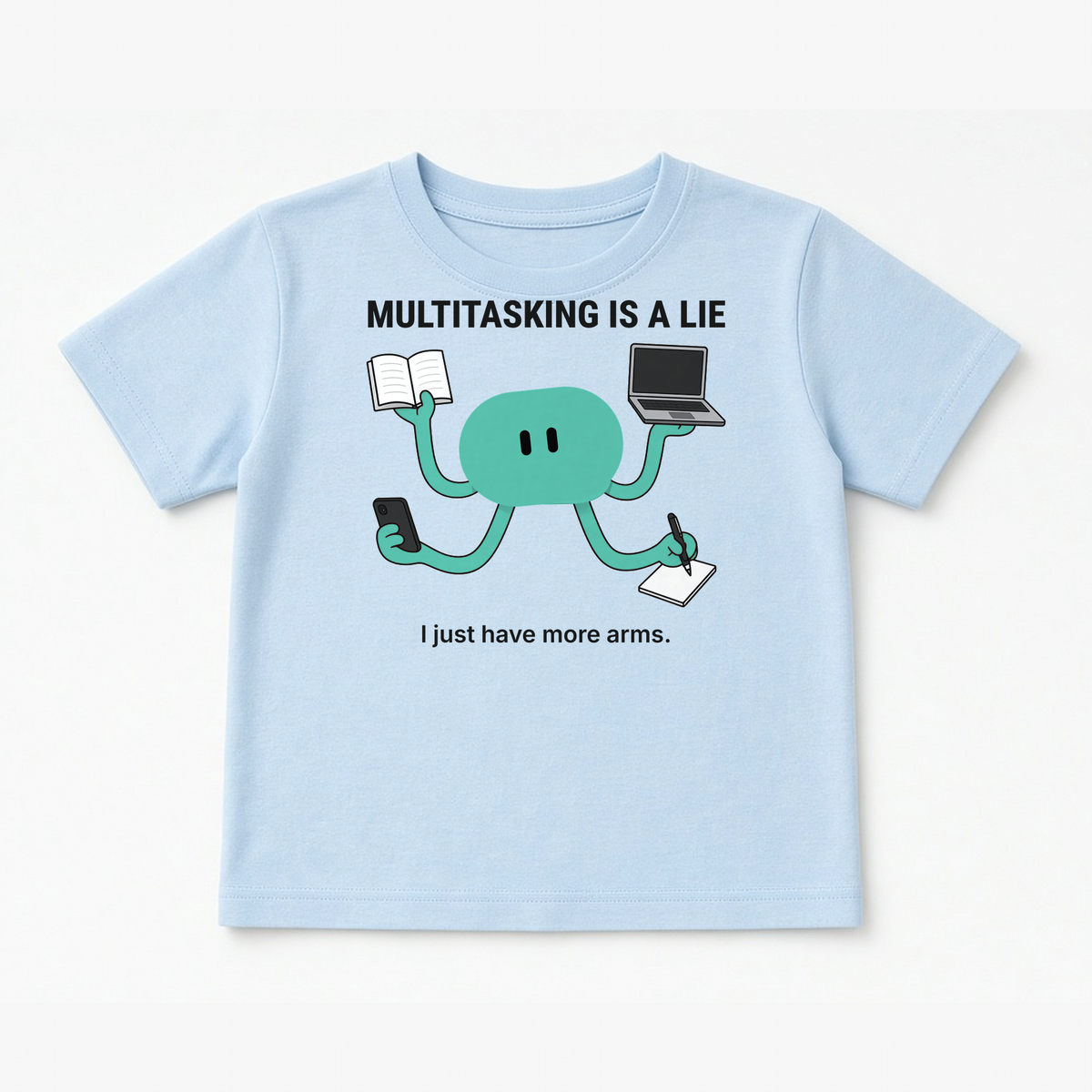 Multitasking Tee – Natural design on a Baby Blue tee, flat lay