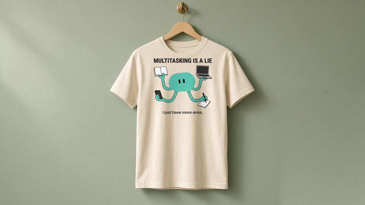 Multitasking Tee – Natural on a wooden hanger against a sage wall: teal robot with four arms holding a book, laptop, phone and notepad