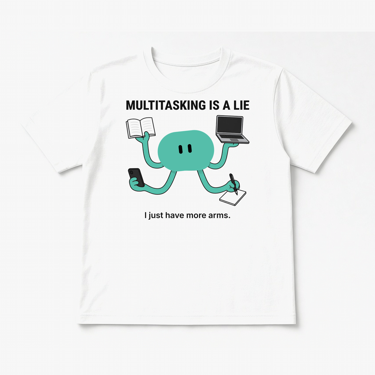 Multitasking Tee – Natural design on a White tee, flat lay