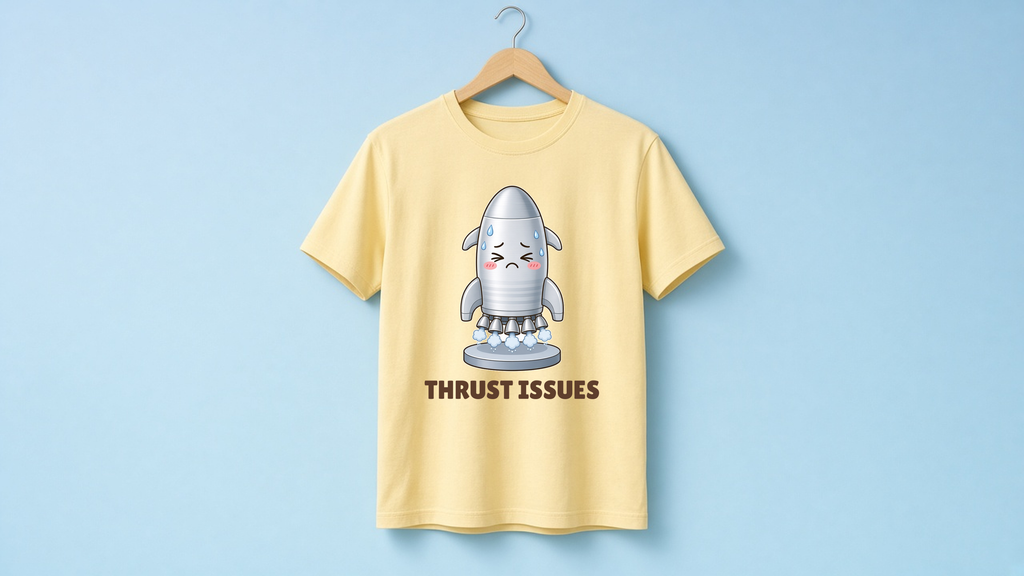 Thrust Issues tee on a hanger: a cute steel rocket straining to lift off